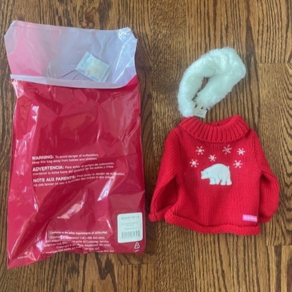American Girl Doll Store Exclusive Red POLAR BEAR SWEATER Fuzzy white Headband